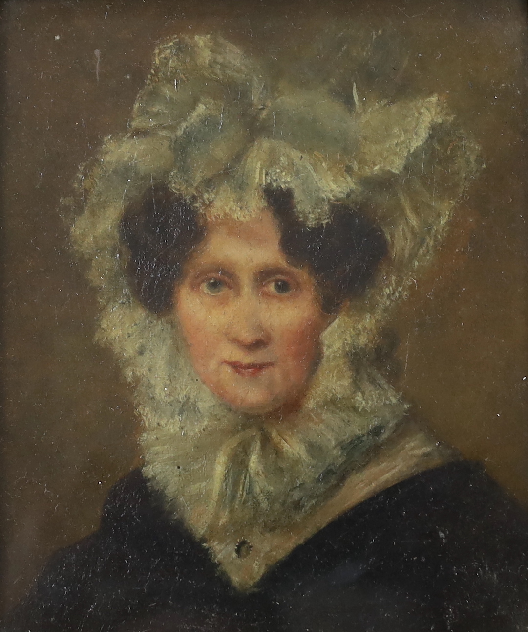 19th century English School, oil on canvas, Portrait of a lady wearing a bonnet, 16 x 13cm, ornate gilt frame
